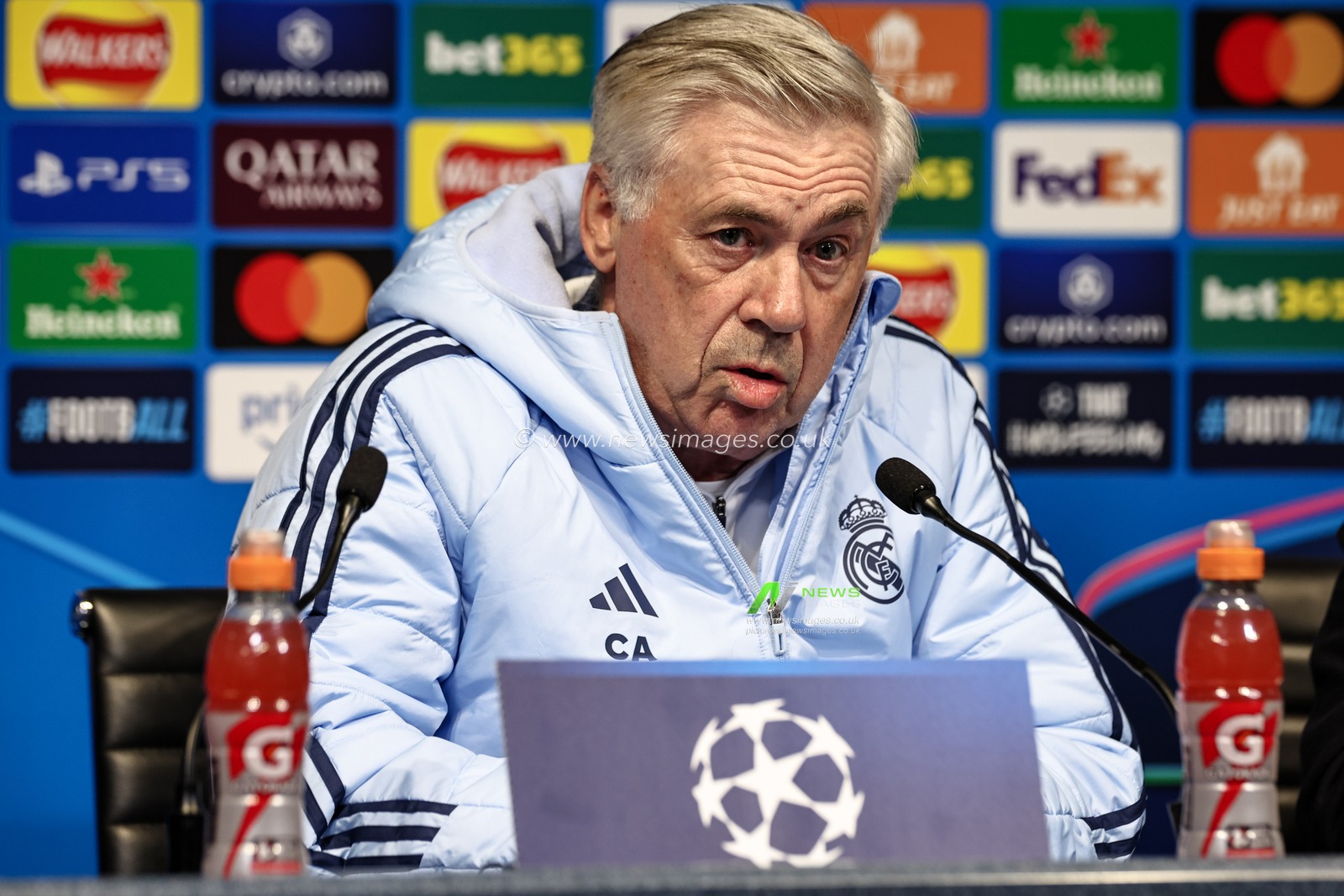 Carlo Ancelotti manager of Real Madrid speaks to the press during the UEFA Champions League Press Conference Manchester City v Real Madrid at Etihad Stadium, Manchester, United Kingdom, 10th February 2025

(Photo by Mark Cosgrove/News Images)