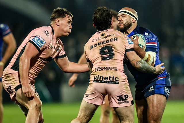 Jazz Tevaga of Wakefield Trinity is tackled by Amir Bourouh of Hull FC during the Betfred Super League match Wakefield Trinity vs Hull FC at DIY Kitchens Stadium, Wakefield, United Kingdom on 05 March 2026

(Photo by Alfie Cosgrove/News Images)