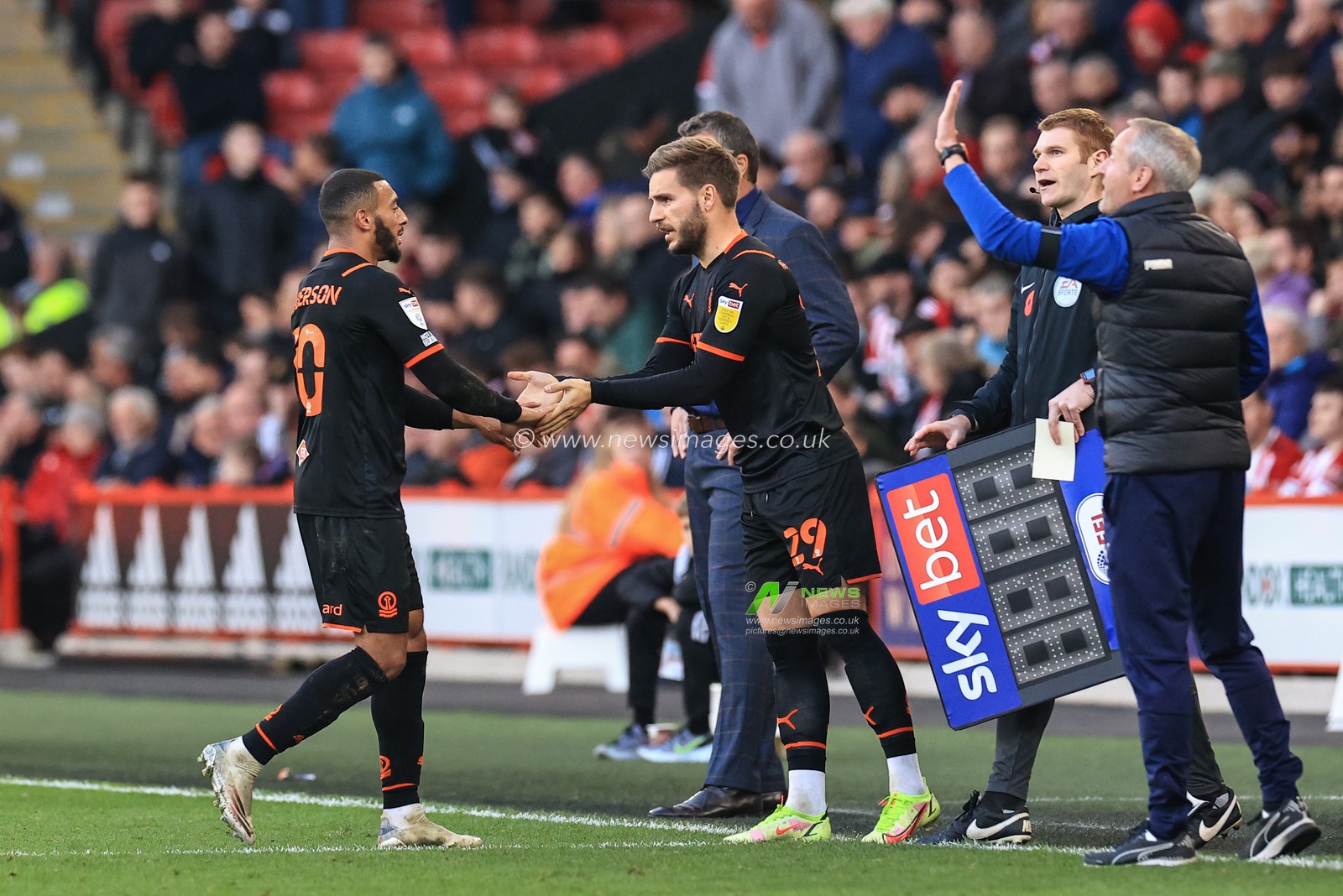 Luke Garbutt #29 of Blackpool comes on for Keshi Anderson #10 of Blackpool