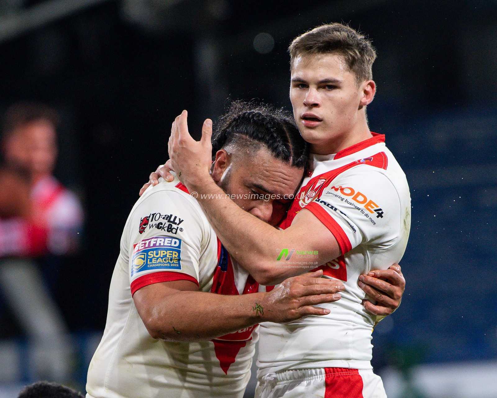 Konrad Hurrell #23 of St Helens celebrates his try during the Betfred Super League Round 6 match Huddersfield Giants vs St Helens at John Smith's Stadium, Huddersfield, United Kingdom, 23rd March 2023

(Photo by Craig Thomas/News Images)