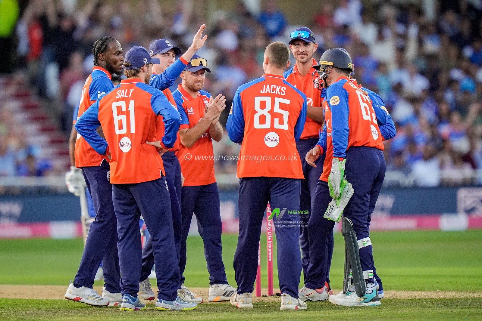 England players celebrate the wicket of Tilak Varma of India during the Third Vitality T20 International match England vs India at Trent Bridge, Nottingham, United Kingdom on 07 July 2026

(Photo by Maynard Manyowa/News Images)
