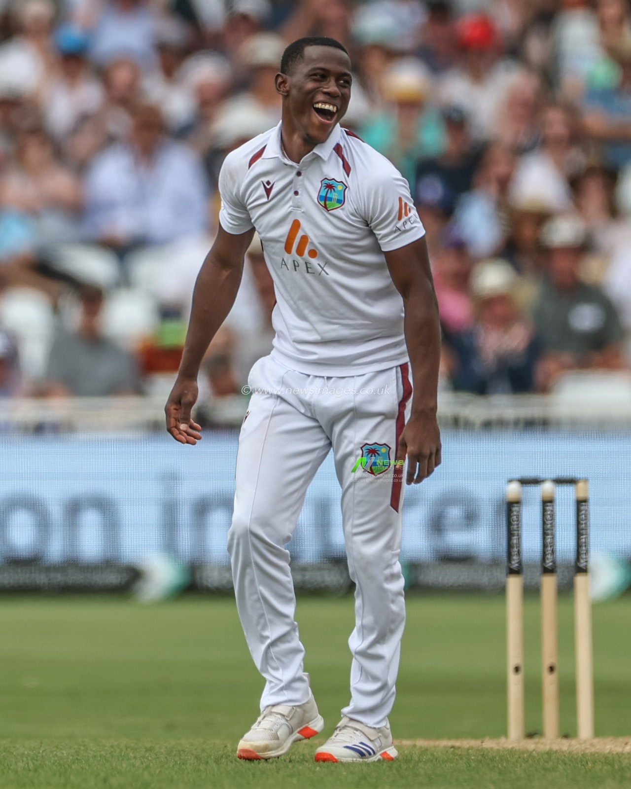 Shamar Joseph of West Indies reacts after Joe Root of England reverse hooks his ball out for a four during the Rothesay Test Match day four match England vs West Indies at Trent Bridge, Nottingham, United Kingdom, 21st July 2024

(Photo by Mark Cosgrove/News Images)