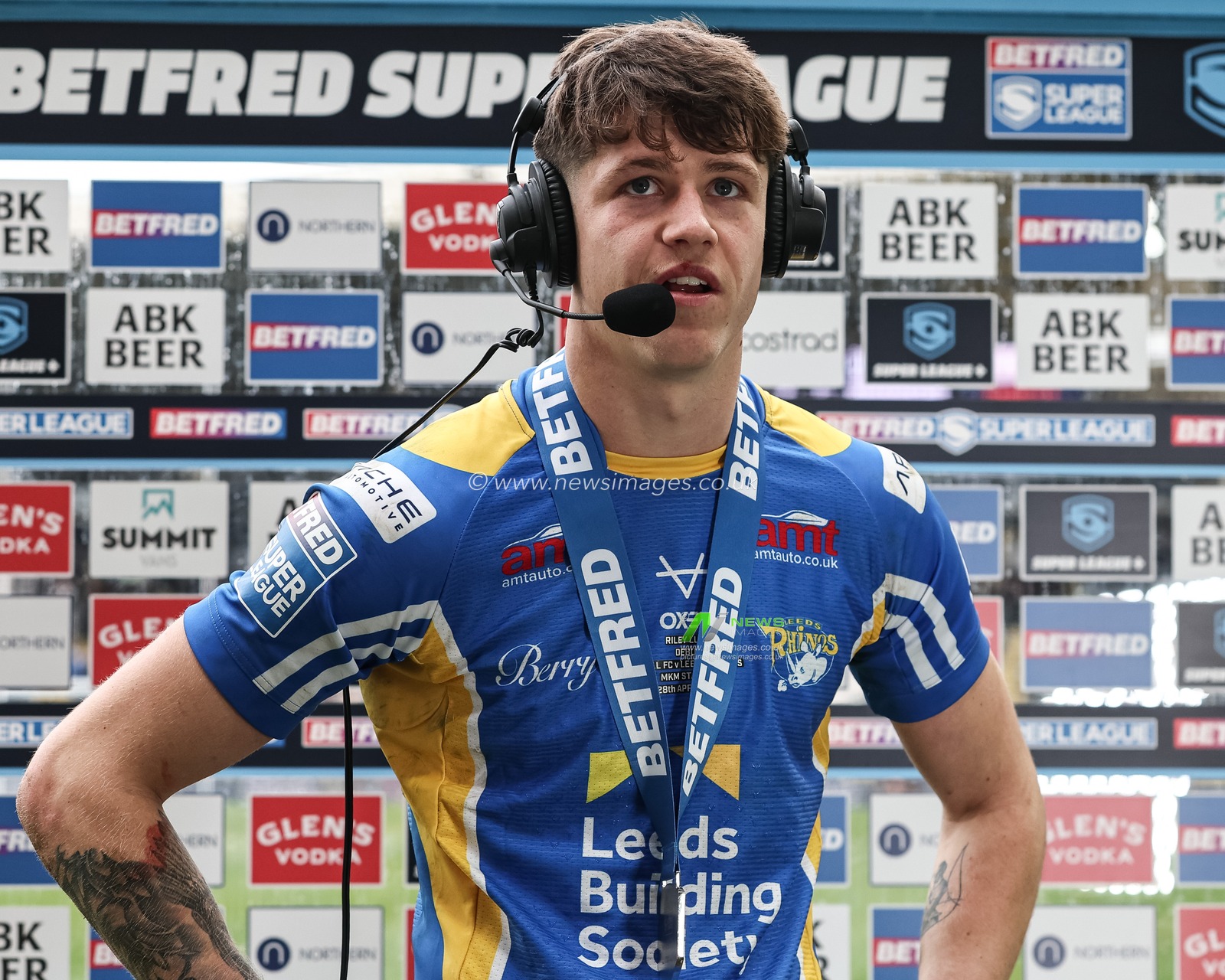 Riley Lumb of Leeds Rhinos is Betfred player on the match during the Betfred Super League Round 9 match Hull FC vs Leeds Rhinos at MKM Stadium, Hull, United Kingdom, 28th April 2024

(Photo by Mark Cosgrove/News Images)