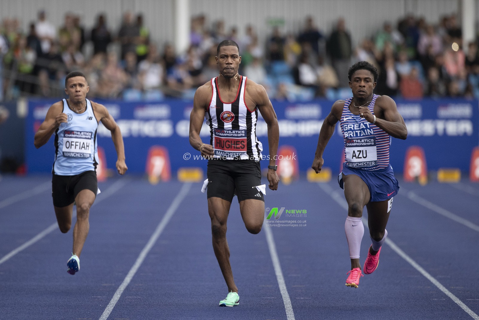 Zharnel Hughes wins the semi-final of the menâ€™s 100m during the UK Athletics Championships at Manchester Regional Arena, Manchester, United Kingdom, 8th July 2023.

(Photo by Conor Molloy/News Images)