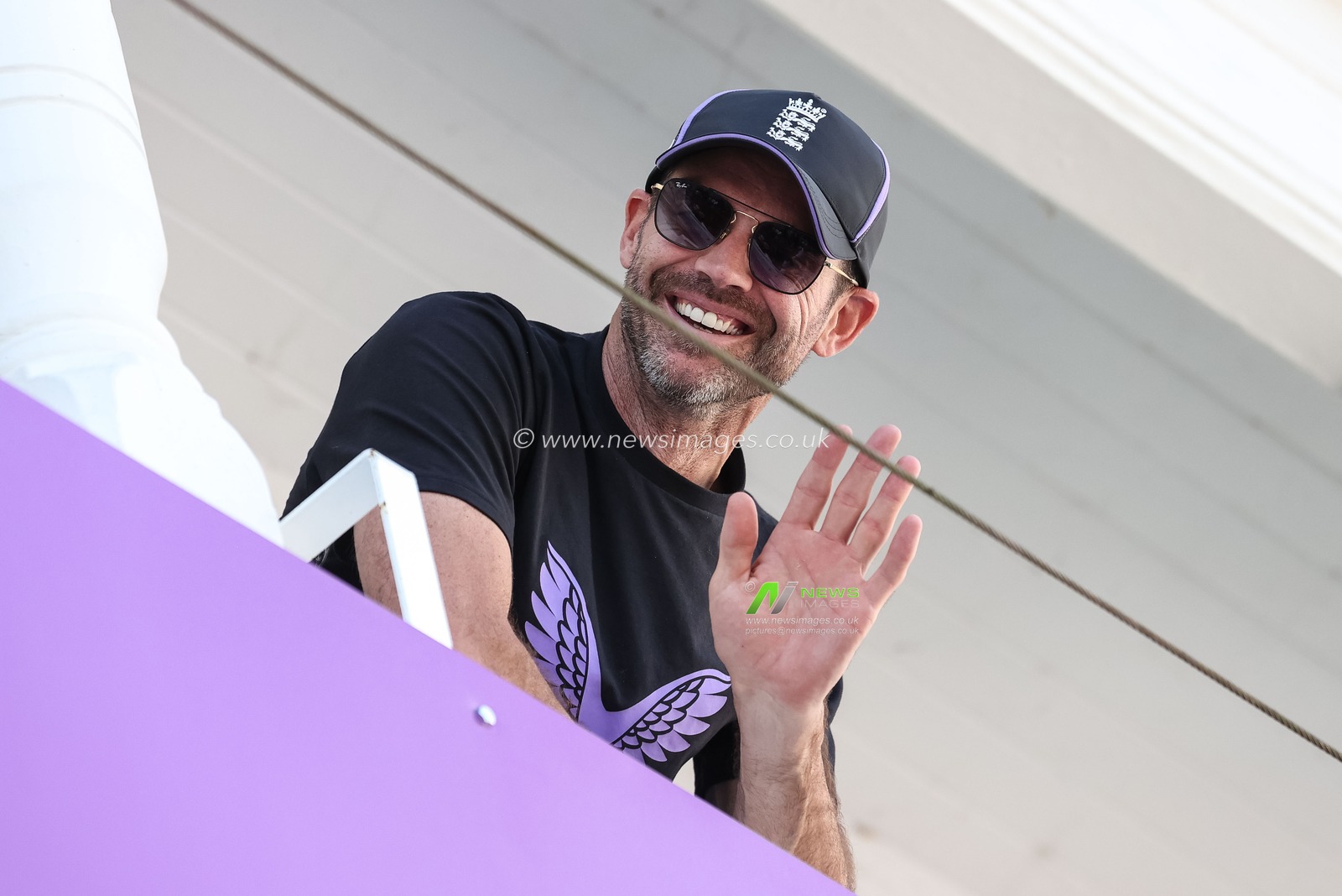 James Anderson waves down to friend  Stuart Broad during the 2nd Rothesay Test Match match England vs West Indies at Trent Bridge, Nottingham, United Kingdom, 18th July 2024

(Photo by Mark Cosgrove/News Images)
