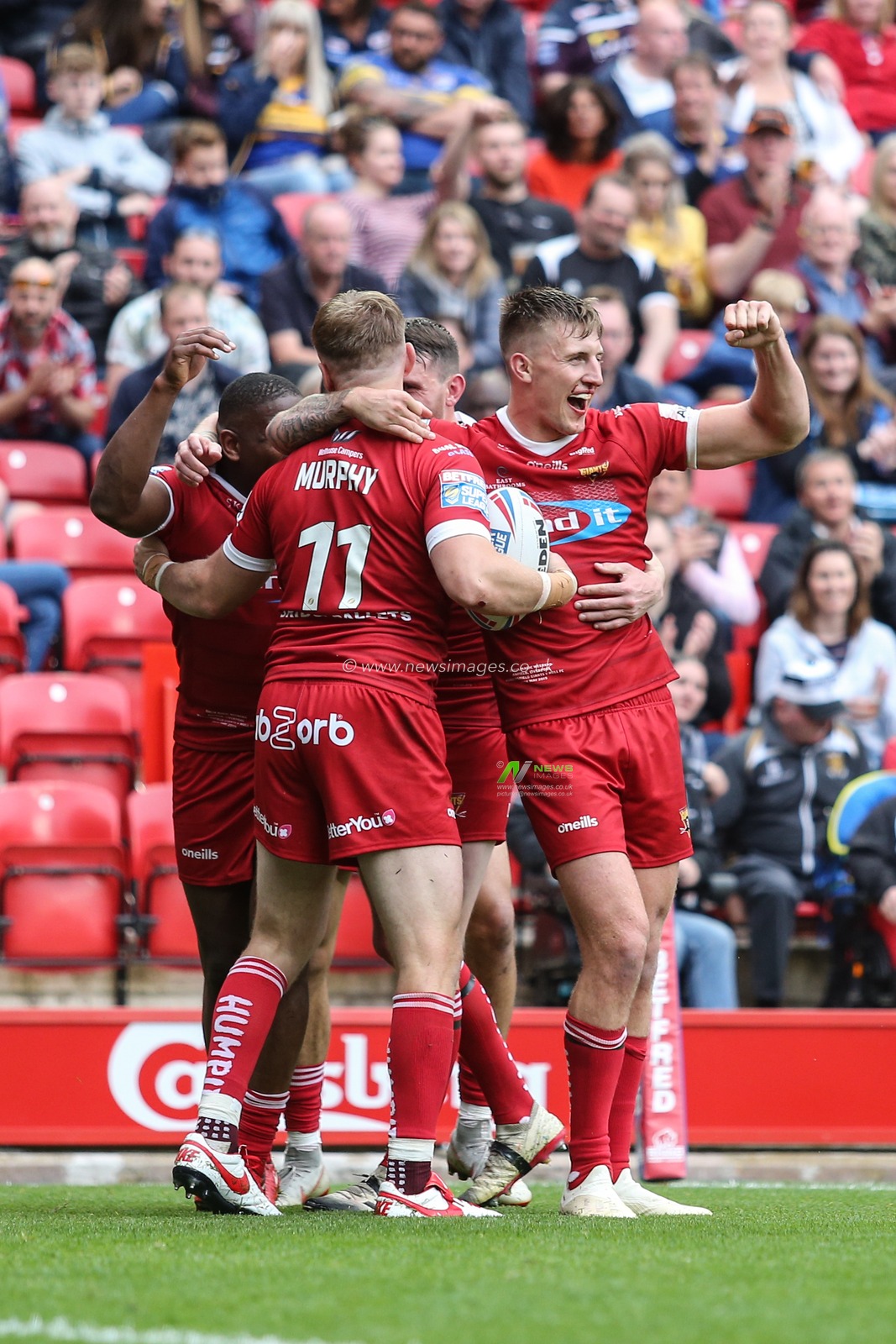 25th May 2019 , Anfield Stadium, Liverpool, England; Dacia Magic Weekend, Betfred Super League Round 16, Hull FC vs Huddersfield Giants ; Aaron Murphy (11) of Huddersfield Giants celebrates his try

Credit: David Greaves/News Images