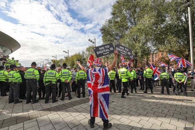 Protesters gather outside the ACC as Merseyside Police attend during the Labour Party Annual Conference 2025 at The ACC, Liverpool, United Kingdom, 28th September 2025

(Photo by Mark Cosgrove/News Images)
