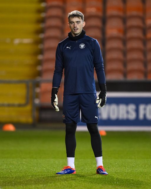 Harry Tyrer of Blackpool during the pre-game warmup ahead of the Vertu Trophy match Blackpool vs Aston Villa U21 at Bloomfield Road, Blackpool, United Kingdom, 17th December 2024

(Photo by Craig Thomas/News Images)