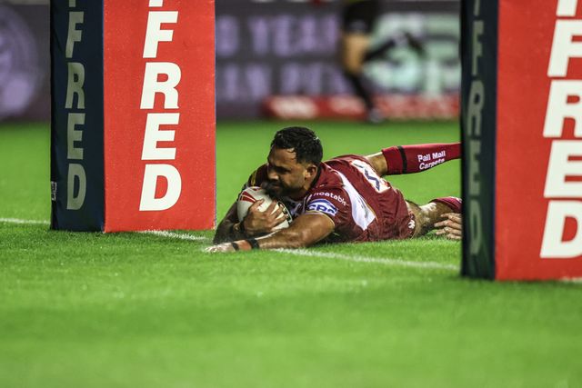 Bevan French of Wigan Warriors goes over for a try making it 4-0 during the Betfred Super League Semi Final 1 match Wigan Warriors vs Leigh Leopards at The Brick Community Stadium, Wigan, United Kingdom, 3rd October 2025

(Photo by Alfie Cosgrove/News Images)