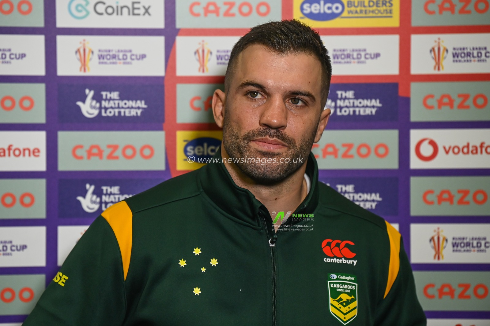James Tedesco of Australia during the pre game interview ahead of the Rugby League World Cup 2021 match Australia vs Italy at Totally Wicked Stadium, St Helens, United Kingdom, 29th October 2022

(Photo by Craig Thomas/News Images)