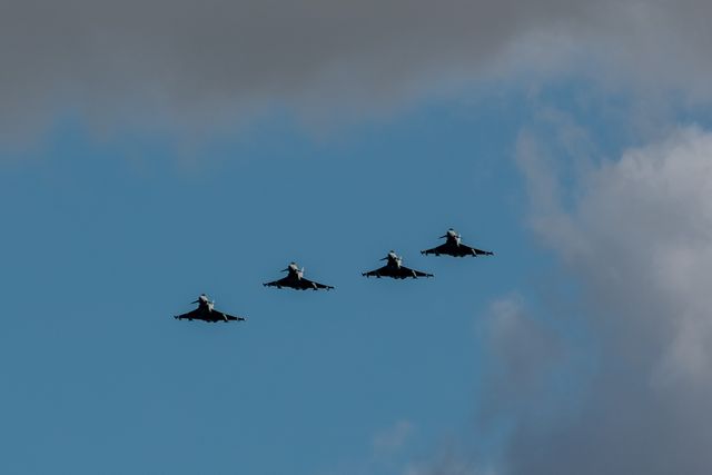 Four RAF Eurofighter Typhoon FGR Mk4 make a tower flyby as the prepare to land during a flight training day at RAF Coningsby, Coningsby, United Kingdom, 22nd September 2025

(Photo by Mark Cosgrove/News Images)