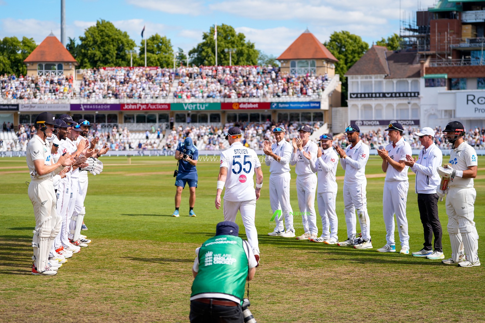 England captain Ben Stokes walks out to a guard of honour from England and New Zealand players after announcing his retirement from international cricket during the 3rd Rothesay Test Match Day 4 match England vs New Zealand at Trent Bridge, Nottingham, United Kingdom on 28 June 2026

(Photo by Maynard Manyowa/News Images)