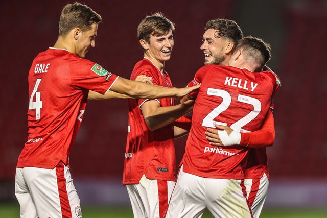 Corey O'Keeffe of Barnsley celebrates his goal to make it 3-1 during the Carabao Cup round 2 match Barnsley vs Crewe Alexandra at Oakwell, Barnsley, United Kingdom on 25 August 2026

(Photo by Alfie Cosgrove/News Images)
