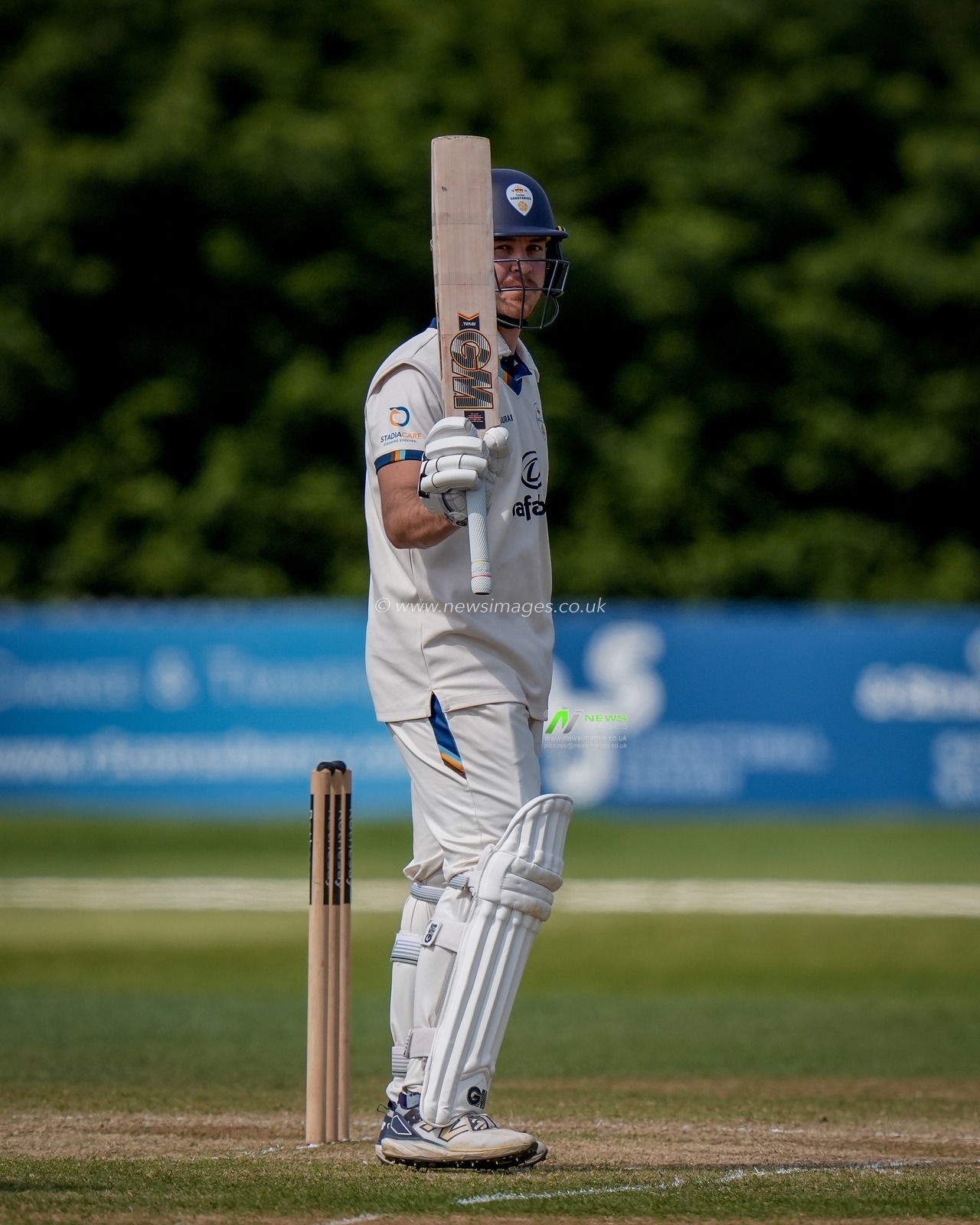 Matthew Montgomery raises his bat towards the pavilion after scoring a half century during the County Championship Division Two Derbyshire v Gloucestershire at The Central Co-Op County Ground, Derby, United Kingdom on 26 April 2026

(Photo by Maynard Manyowa/News Images)