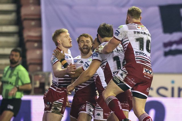 Sam Walters of Wigan Warriors celebrates his try during the Betfred Super League match Wigan Warriors vs Hull FC at The Brick Community Stadium, Wigan, United Kingdom on 21 February 2026

(Photo by Alfie Cosgrove/News Images)