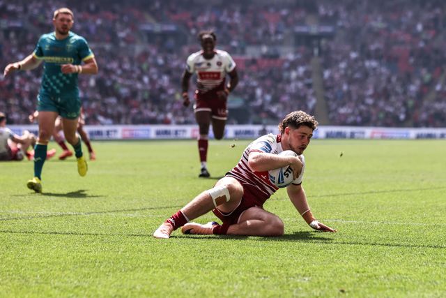 Jack Farrimond of Wigan Warriors goes over for a try during the Betfred Challenge Cup Final match Wigan Warriors vs Hull KR at Wembley Stadium, London, United Kingdom on 30 May 2026

(Photo by Alfie Cosgrove/News Images)