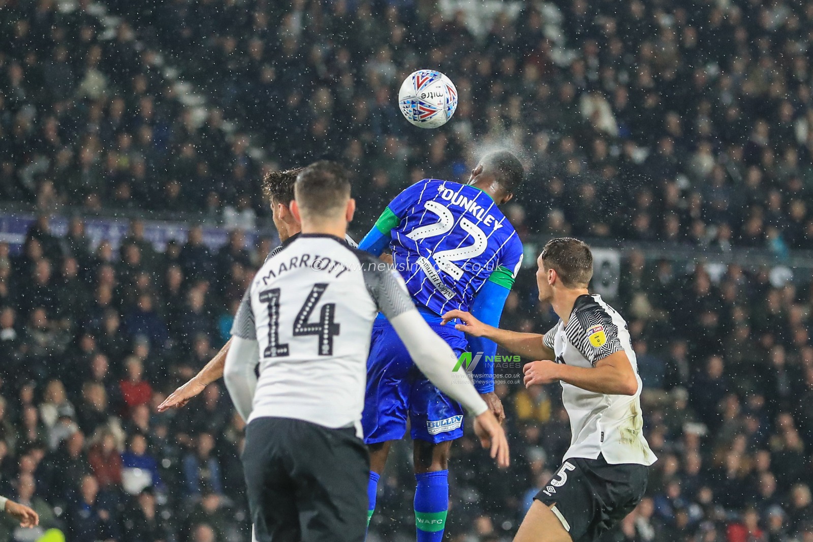23rd October 2019, Pride Park Stadium, Derby, England; Sky Bet Championship, Derby County v Wigan Athletic : Chey Dunkley (22) of Wigan Athletic heads on goal

Credit: Mark Cosgrove/News Images