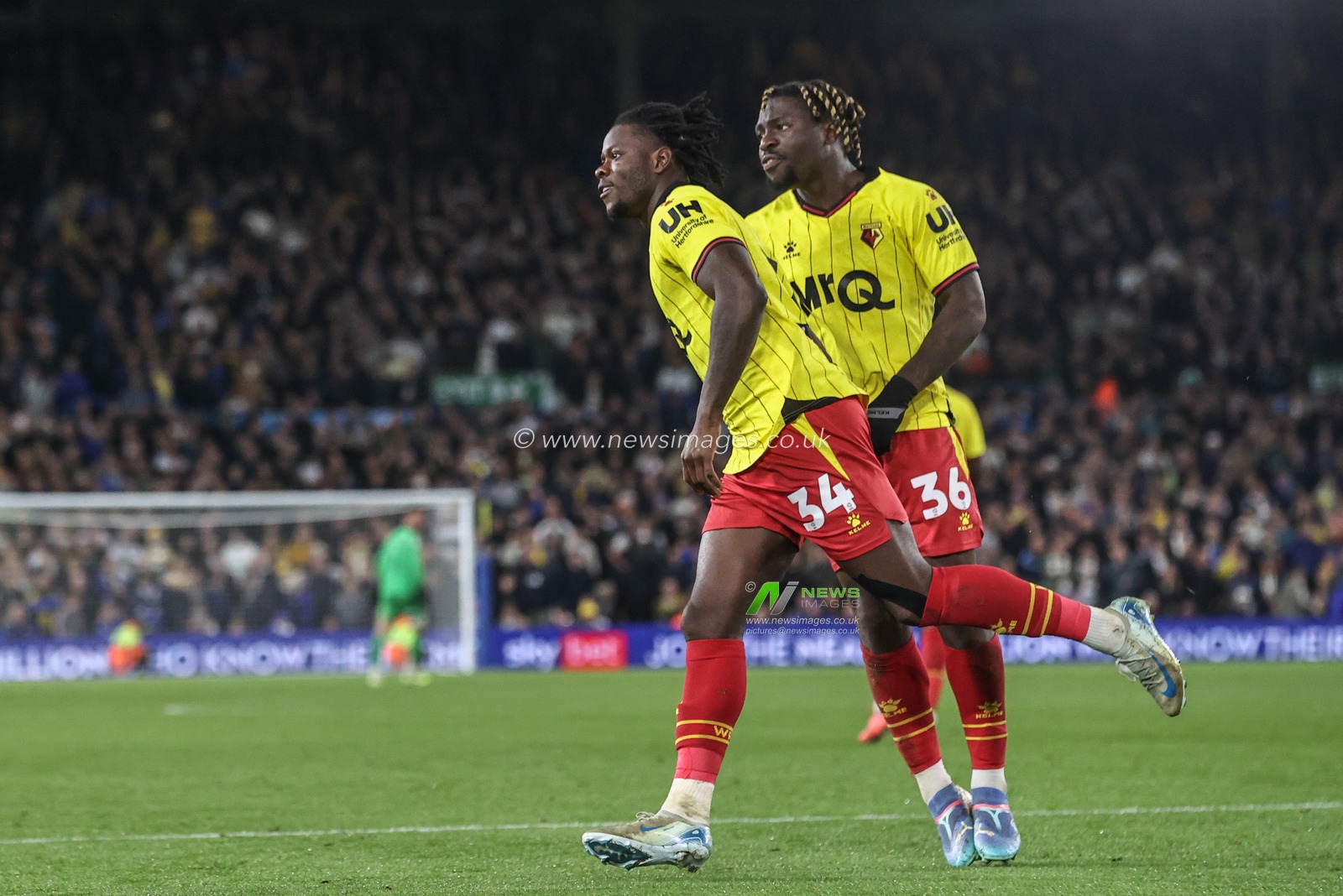 Kwadwo Baah of Watford celebrates his goal to make it 2-1 during the Sky Bet Championship match Leeds United vs Watford at Elland Road, Leeds, United Kingdom, 22nd October 2024

(Photo by Alfie Cosgrove/News Images)