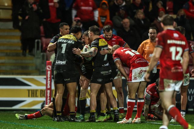 Sam Wood of York Knights celebrates his try during the Betfred Super League Round 1 match York Knights vs Hull KR at LNER Community Stadium, Lincoln, United Kingdom on 12 February 2026

(Photo by Alfie Cosgrove/News Images)