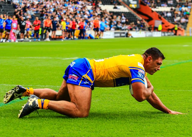 Ryan Hall  of Leeds Rhinos goes over for a try  during the Betfred Super League Round 24 match Hull FC vs Leeds Rhinos at MKM Stadium, Hull, United Kingdom, 30th August 2025

(Photo by Richard Bierton/News Images)