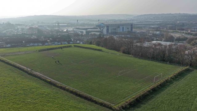 An aerial view of Elland Road from a local authority run football field during the Premier League match Leeds United vs Brentford at Elland Road, Leeds, United Kingdom on 21 March 2026

(Photo by Mark Cosgrove/News Images)