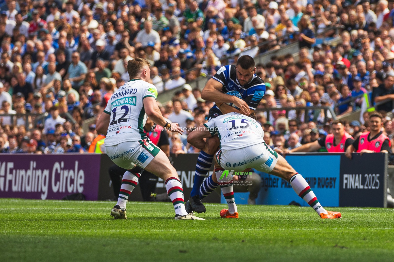 Freddie Steward of Leicester Tigers tackles Will Muir of Bath during the Gallagher Premiership Play-off Final 2025 Bath Rugby v Leicester Tigers at Allianz Stadium, Twickenham, United Kingdom, 14th June 2025

(Photo by Craig Evans/News Images)