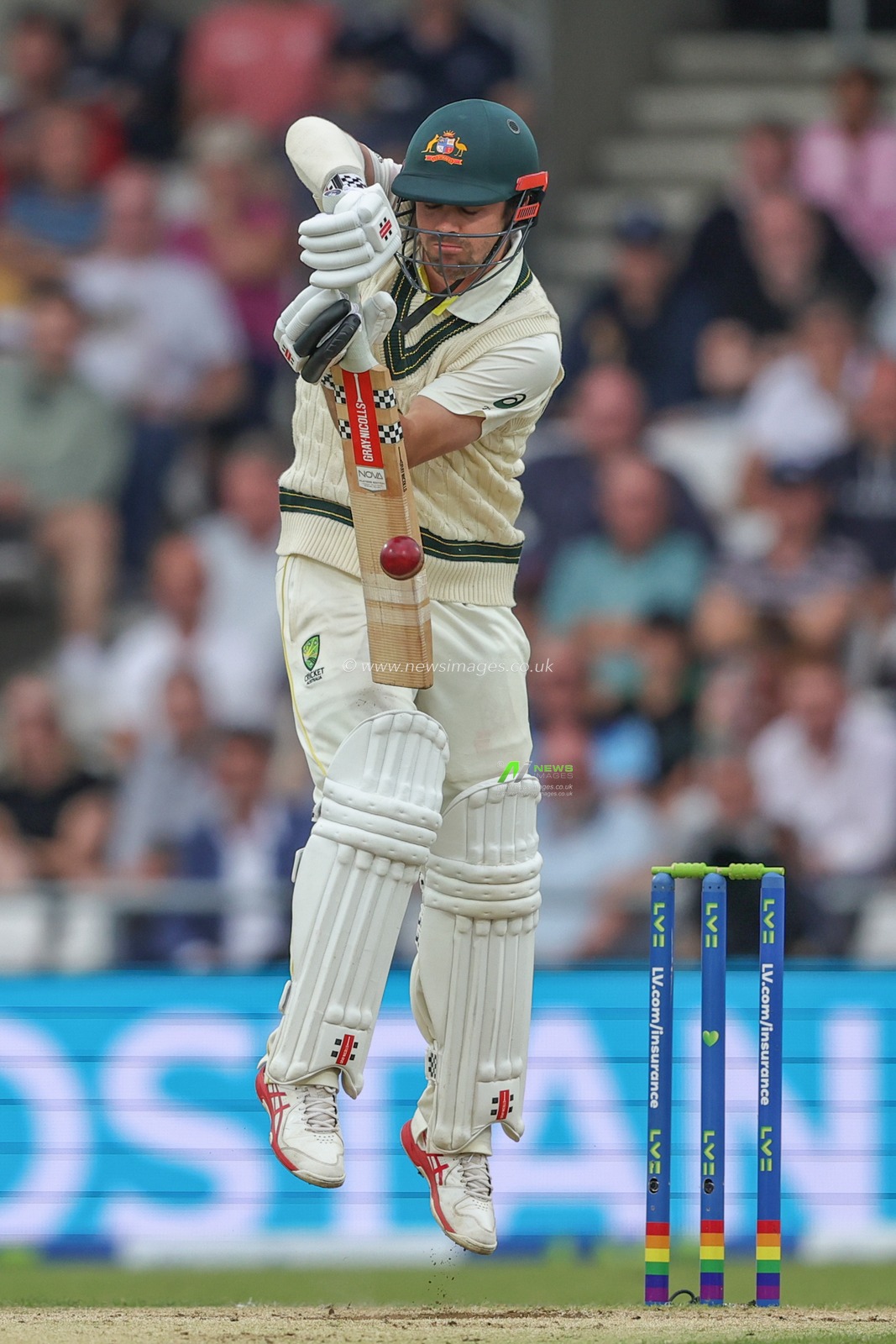 Travis Head of Australia plays a safety shot during the LV= Insurance Ashes Third Test Series Day 3 England v Australia at Headingley Stadium, Leeds, United Kingdom, 8th July 2023

(Photo by Mark Cosgrove/News Images)