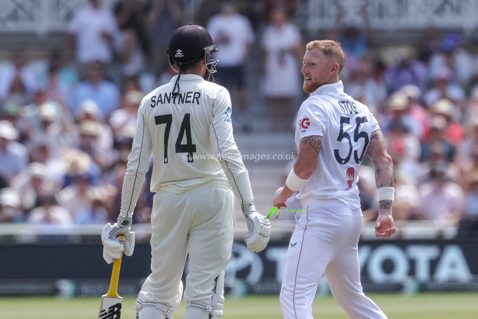 England captain Ben Stokes celebrates his 250th test wicket as he takes out Mitchell Santner of New Zealand during the 3rd Rothesay Test Match Day 2 match England vs New Zealand at Trent Bridge, Nottingham, United Kingdom on 26 June 2026

(Photo by Mark Cosgrove/News Images)