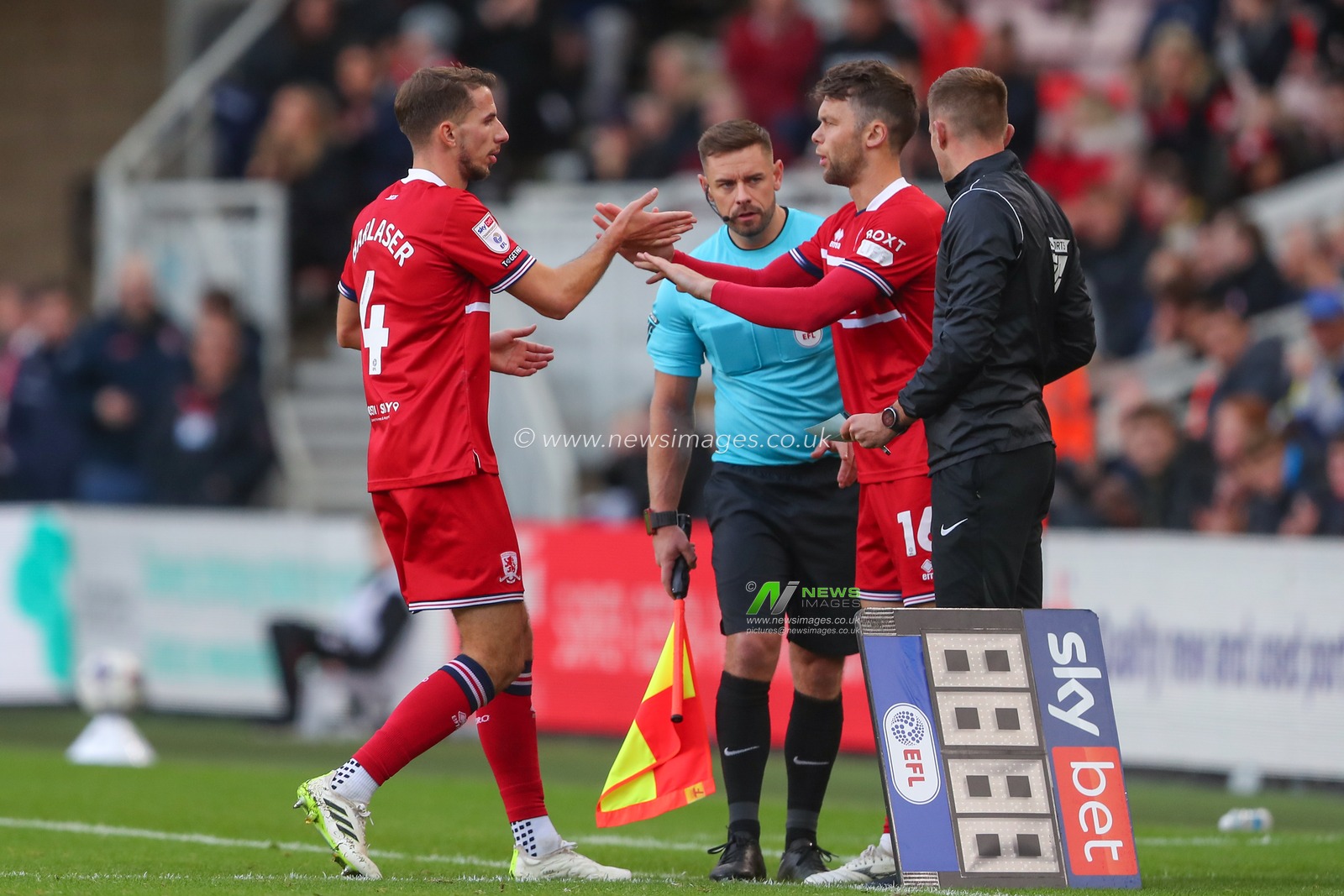 Dan Barlaser #4 of Middlesbrough is replaced by Jonathan Howson #16 of Middlesbrough during the Sky Bet Championship match Middlesbrough vs Birmingham City at Riverside Stadium, Middlesbrough, United Kingdom, 21st October 2023

(Photo by Gareth Evans/News Images)