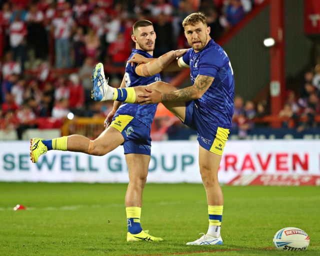 Danny Walker of Warrington Wolves and Sam Powell of Warrington Wolves before the Betfred Super League round 27 match Hull KR vs Warrington Wolves at Sewell Group Craven Park, Kingston upon Hull, United Kingdom, 18th September 2025(Photo by Sam Eaden/News Images)