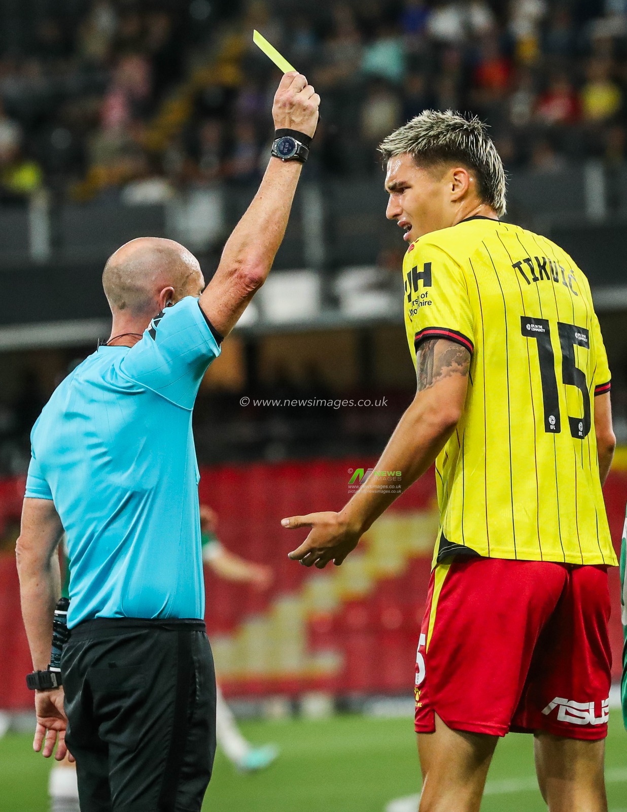 Antonio Tikvic of Watford reacts after a yellow card during the Carabao Cup match Watford vs Plymouth Argyle at Vicarage Road, Watford, United Kingdom, 27th August 2024

(Photo by Izzy Poles/News Images)