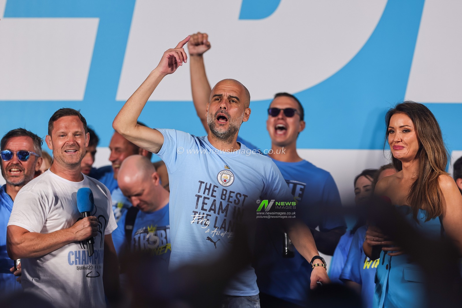Pep Guardiola manager of Manchester City on stage during Manchester City's Treble victory parade at St Peterâ€™s Square, Manchester, United Kingdom, 12th June 2023

(Photo by Mark Cosgrove/News Images)