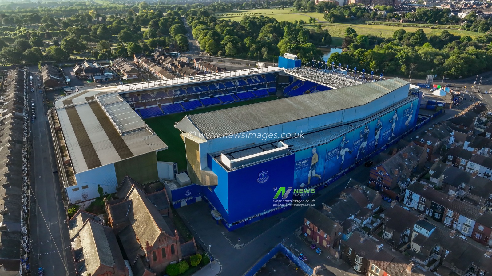 An aerial view of Goodison Park as Everton Football Club prepare to play their last ever professional game of football at the ground ahead of their move to Bromley Moore during the Premier League match Everton vs Southampton at Goodison Park, Liverpool, United Kingdom, 18th May 2025

(Photo by Mark Cosgrove/News Images)