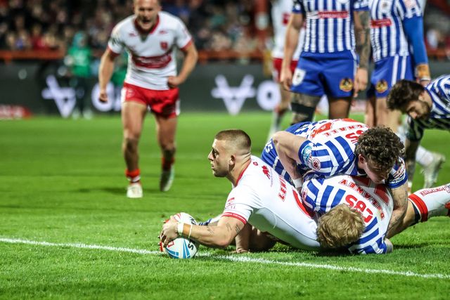 Mikey Lewis of Hull KR goes over for a try making the score 8-0 during the Betfred Super League round 6 match Hull KR vs St Helens at Sewell Group Craven Park, Hull, United Kingdom on 27 March 2026

(Photo by Alfie Cosgrove/News Images)
