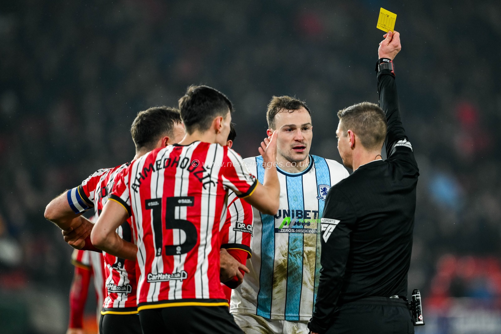 George Edmundson of Middlesbrough receives a yellow card during the Sky Bet Championship match Sheffield United vs Middlesbrough at Bramall Lane, Sheffield, United Kingdom, 12th February 2025

(Photo by Craig Thomas/News Images)