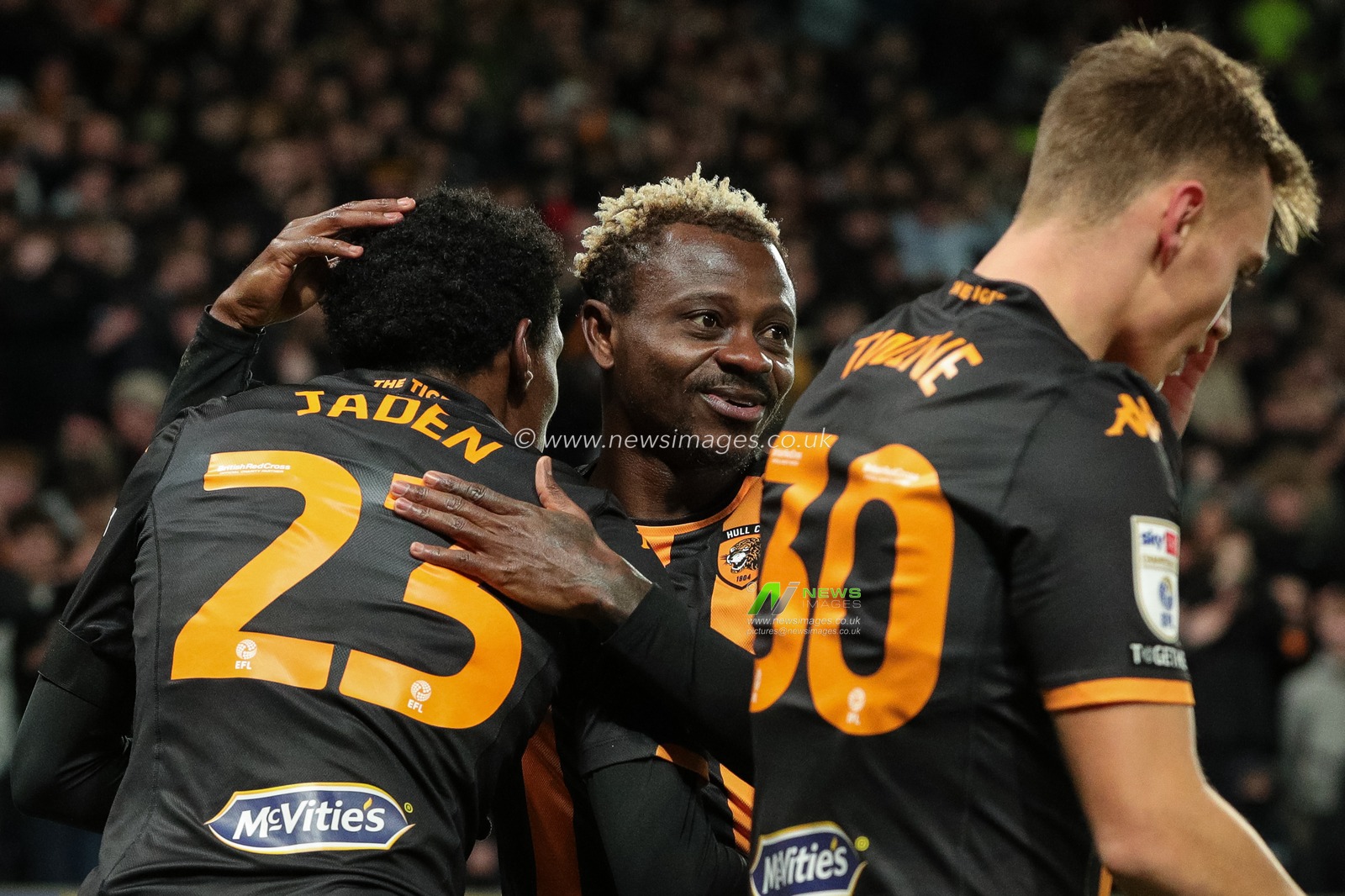 Jaden Philogene-Bidace #23 of Hull City celebrates his goal with Jean MichaÃ«l Seri #24 of Hull City and makes the score 2-0 during the Sky Bet Championship match Hull City vs Rotherham United at MKM Stadium, Hull, United Kingdom, 28th November 2023

(Photo by James Heaton/News Images)