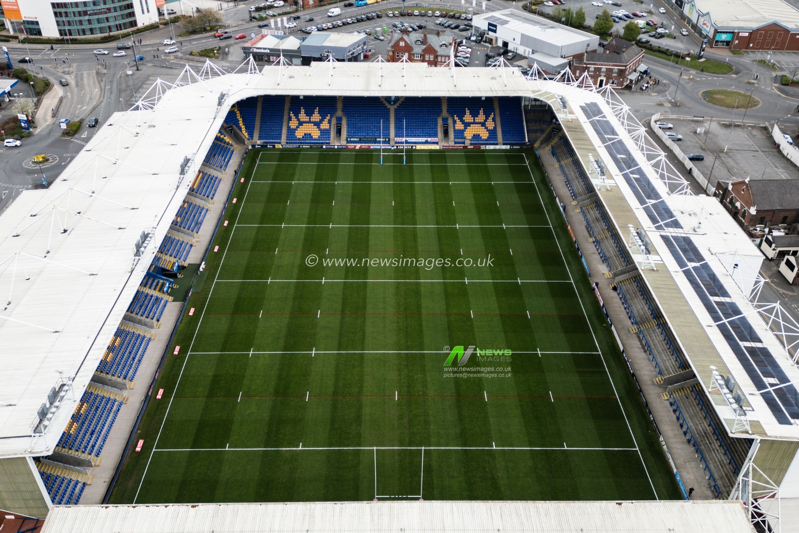 An aerial view of the Halliwell Jones Stadium ahead of the Betfred Super League Round 7 match Warrington Wolves vs Hull FC at Halliwell Jones Stadium, Warrington, United Kingdom, 12th April 2025

(Photo by Gareth Evans/News Images)
