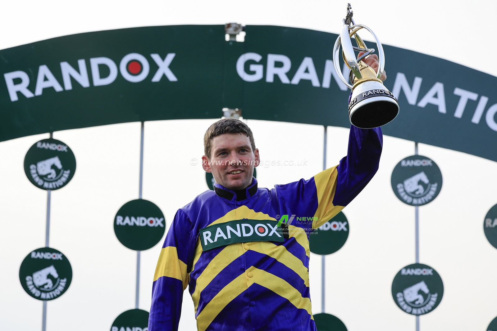Derek Fox the Grand National winning jockey with the race trophy at The Randox Grand National festival 2023 Grand National Day at Aintree Racecourse, Liverpool, United Kingdom, 15th April 2023

(Photo by Conor Molloy/News Images)