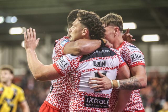 Lachlan Lam of Leigh Leopards celebrates his try during the Betfred Super League round 25 match Leigh Leopards vs Castleford Tigers at Leigh Sports Village, Leigh, United Kingdom, 28th August 2025

(Photo by Alfie Cosgrove/News Images)
