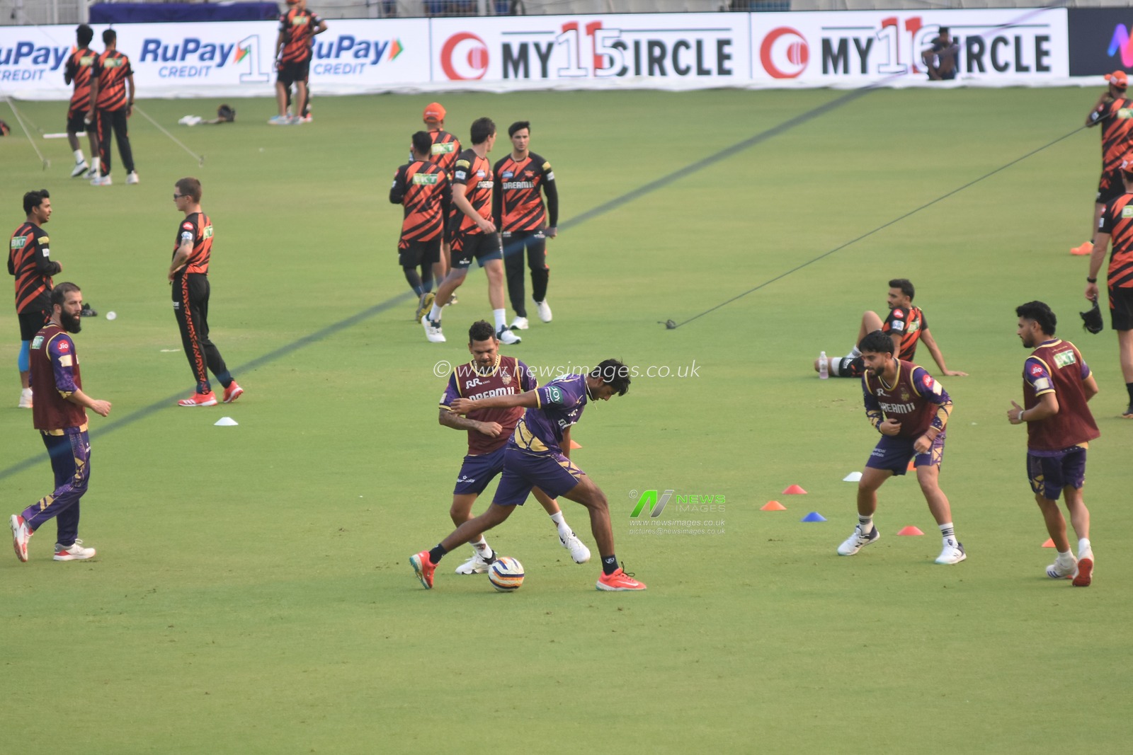 Kolkata Knight Riders play football during a practice session  Kolkata Knight Riders'   of at Eden Gardens cricket ground in Kolkata, India, on April 2, 2025. Photo by Debajyoti Chakraborty.(Photo: Debajyoti Chakraborty/News Images)