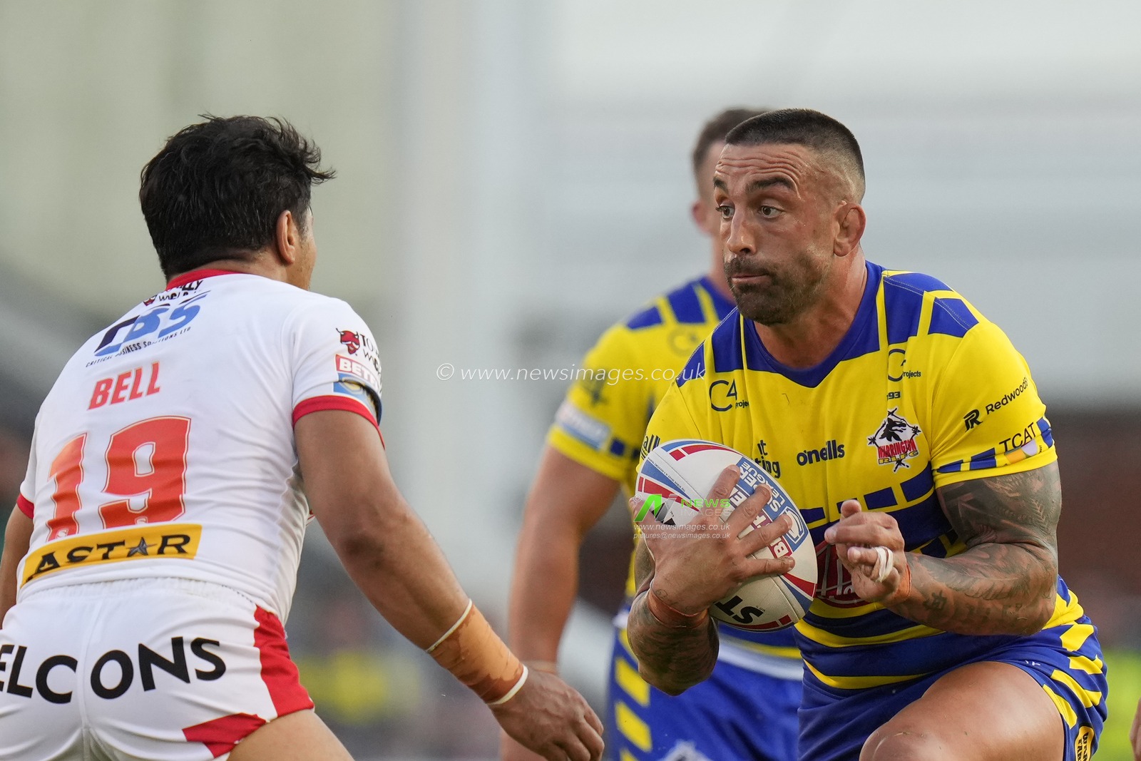 Paul Vaughan #10 of Warrington Wolves runs at James Bell #19 of St. Helens during the Betfred Super League Round 18 match Warrington Wolves vs St Helens at Halliwell Jones Stadium, Warrington, United Kingdom, 7th July 2023

(Photo by Steve Flynn/News Images)