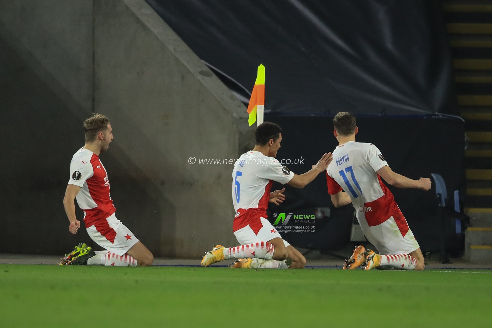 Lukas Provod (17) of Slavia Prague celebrates making it 0-1 with team mates