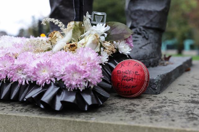 A cricket ball with the message RIP Dickie from Elsecar Cricket Club is placed on The Harold Dennis “Dickie” Bird OBE Statue during the Funeral of Harold Dennis “Dickie” Bird OBE at St Mary's Church, Barnsley, United Kingdom, 19th October 2025

(Photo by Mark Cosgrove/News Images)