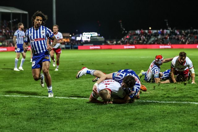 Mikey Lewis of Hull KR goes over for a try during the Betfred Super League round 6 match Hull KR vs St Helens at Sewell Group Craven Park, Hull, United Kingdom on 27 March 2026

(Photo by Alfie Cosgrove/News Images)
