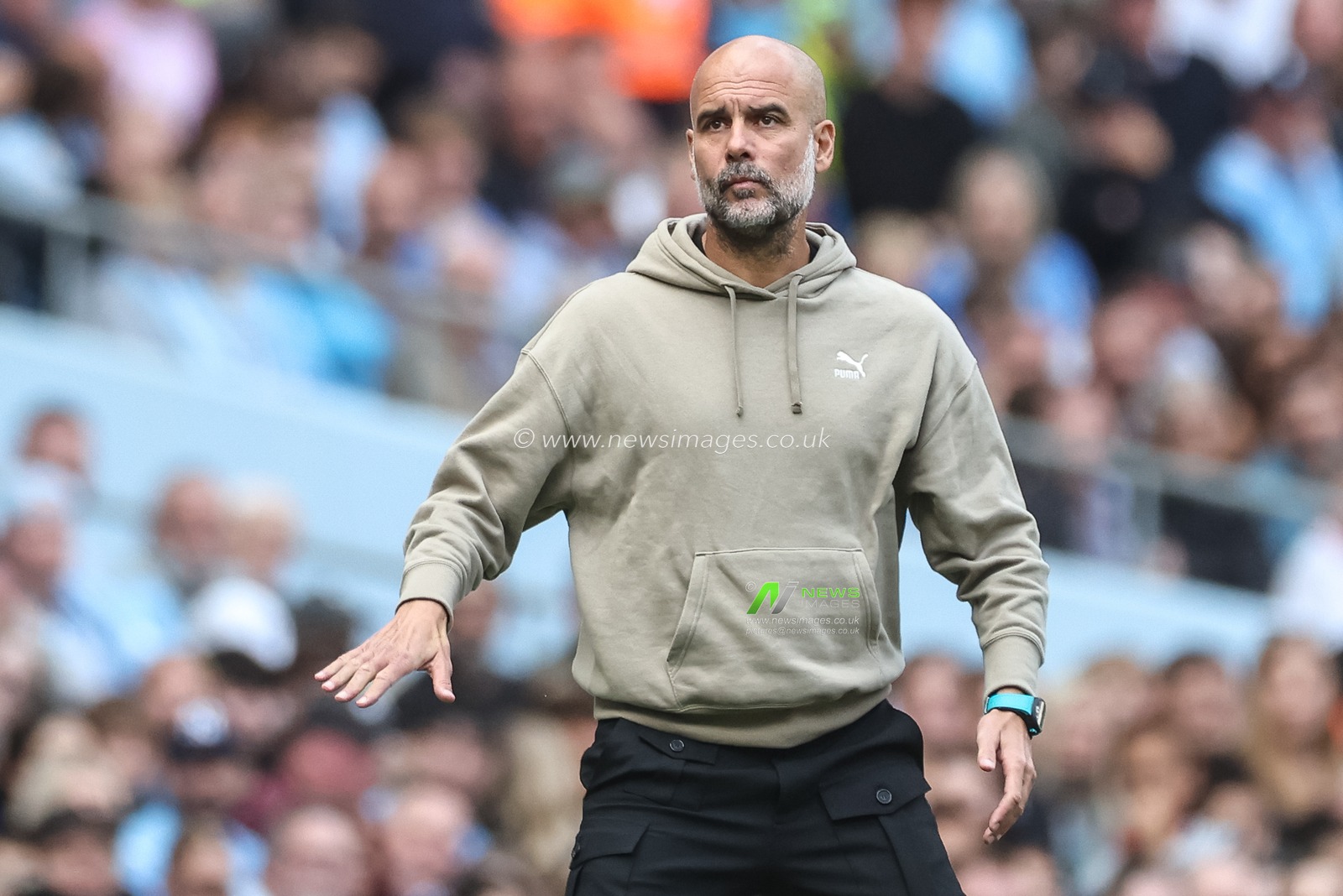 Pep Guardiola manager of Manchester City reacts in the technical area during the Premier League match Manchester City vs Ipswich Town at Etihad Stadium, Manchester, United Kingdom, 24th August 2024

(Photo by Mark Cosgrove/News Images)