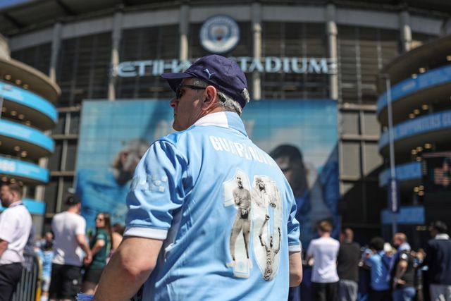 A fan with a 10 years of Pep Guardiola Manchester City shirt during the Premier League match Manchester City vs Aston Villa at Etihad Stadium, Manchester, United Kingdom on 24 May 2026

(Photo by Mark Cosgrove/News Images)