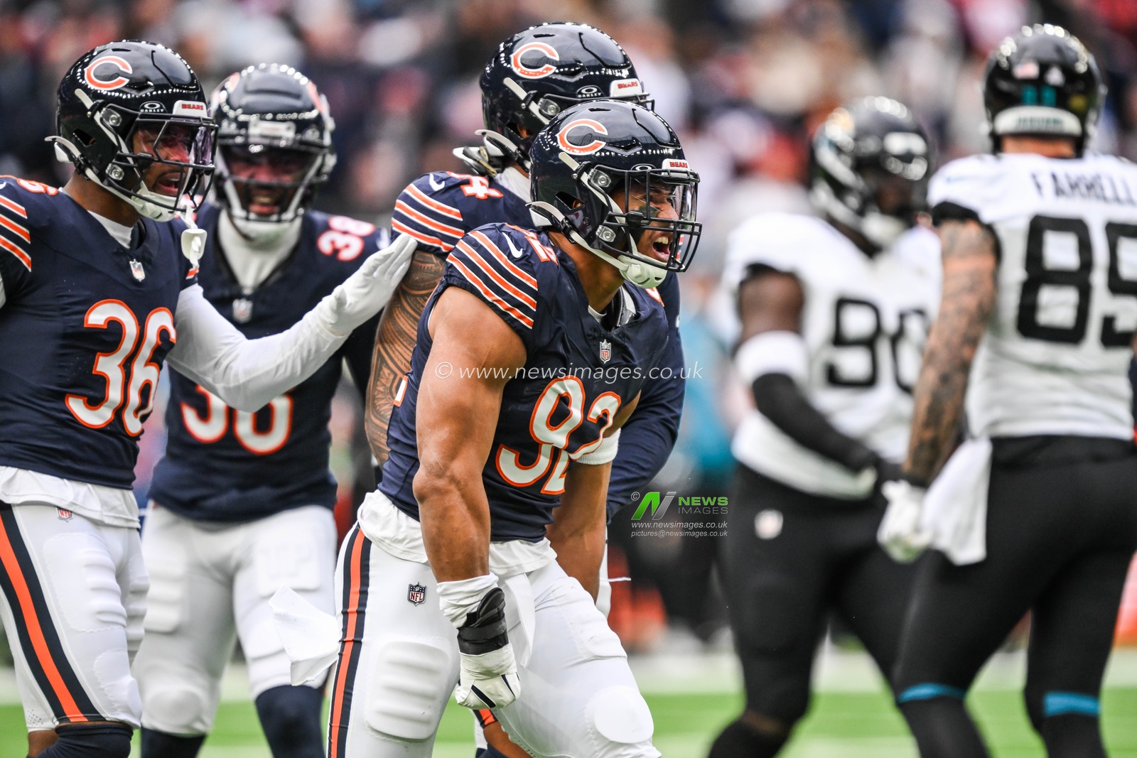 Daniel Hardy of the Chicago Bears celebrates a big hit during the Week 6 match Chicago Bears vs Jacksonville Jaguars at Tottenham Hotspur Stadium, London, United Kingdom, 13th October 2024

(Photo by Craig Thomas/News Images)