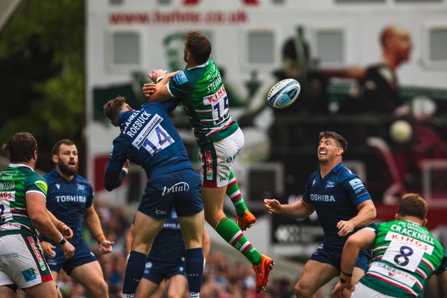Freddie Steward of Leicester Tigers, Tom Roebuck of Sale Sharks and Tom Curry of Sale Sharks during the Gallagher Premiership Play-off Semi-final Leicester Tigers vs Sale Sharks at Mattioli Woods Welford Road Stadium, Leicester, United Kingdom, 7th June 2025

(Photo by Craig Evans/News Images)