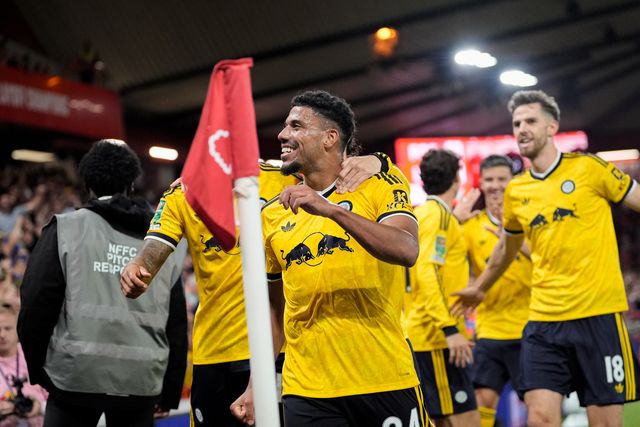 James Justin of Leeds United celebrates his goal to make it  0-2 during the Carabao Cup round 2 match Nottingham Forest vs Leeds Rhinos at City Ground, Nottingham, United Kingdom on 25 August 2026

(Photo by Maynard Manyowa/News Images)