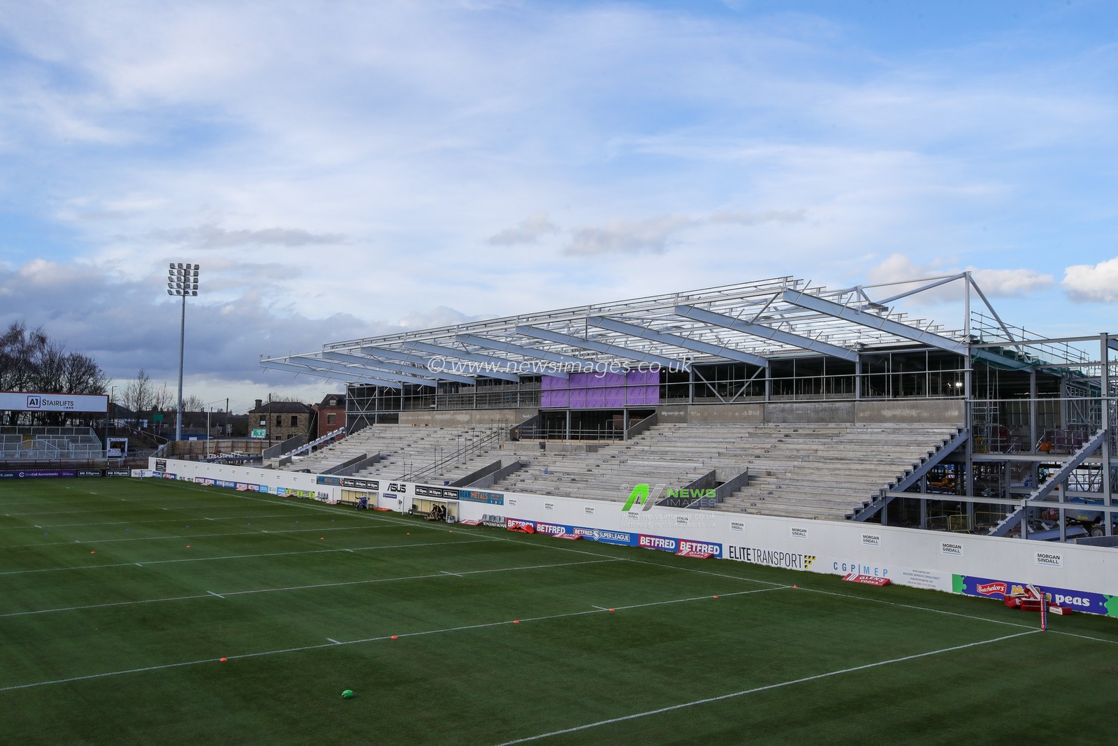 General view inside The Be Well Support Stadium as construction work takes place to complete the new stand ahead of the Betfred Super League Round 6 match Wakefield Trinity vs Hull KR at The Be Well Support Stadium, Wakefield, United Kingdom, 24th March 2023

(Photo by James Heaton/News Images)